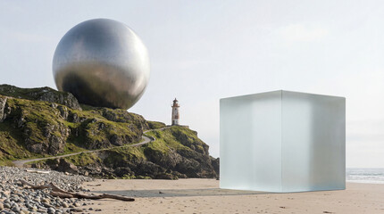 A gleaming metallic sphere rests on a grassy hill overlooking a lighthouse. A translucent cube sits serenely on the beach. A whimsical and dreamlike landscape unfolds in Ireland.