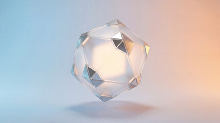 A luminous, irregular diamond floats delicately against a blended gradient backdrop, showcasing its geometric framework and subtle inner glow.