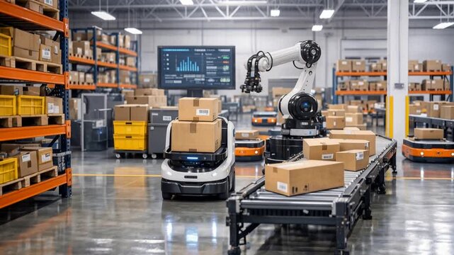 Automated mobile robot transporting cardboard boxes in smart warehouse facility. Panning shot of logistics center with robotic arm and conveyor system.