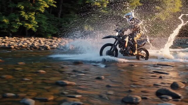 Professional motocross rider navigating a rocky riverbed. Golden hour light illuminating the water splashing from the enduro bike's wheels