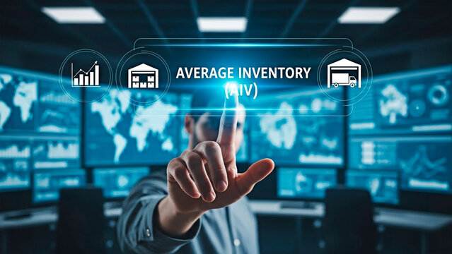 A businessman interacting with inventory management data on a futuristic dashboard - Powered by Adobe