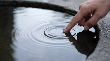 A finger gently touches the placid surface of a small stone pool, creating a series of expanding ripples across the water, a quiet moment of connection.