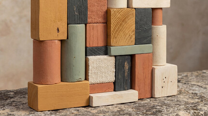 A collection of differently shaped blocks, some wooden, some fabric, rest together in harmony. The neutral tones and varying textures bring a sense of playful calmness.