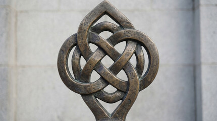 Bronze colored Celtic knot sculpture features a complex woven pattern. It is displayed outdoors in daylight, with a stone wall lightly visible in the background.
