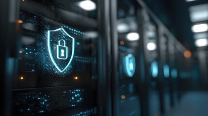 Secure IT data center corridor with glowing cybersecurity shield on server cabinets, perfect for cloud security concepts, enterprise data protection, and modern digital infrastructure