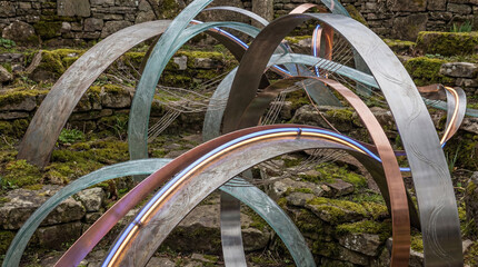 Sculpted metal arcs intersect, crafting a luminous, ethereal landscape. Gleaming surfaces reflect the soft sunlight, contrasting beautifully with the verdant mossy stones.