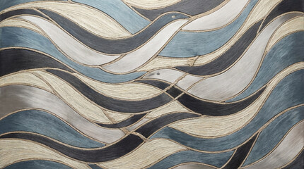 A fanciful tapestry depicts stylized ocean waves rendered in curving bands of blue, gray, and beige, delineated by thin lines, evoking a sense of fluid movement and tranquility.