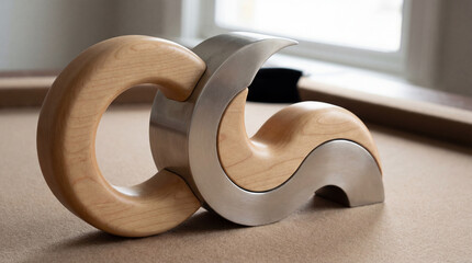 A uniquely designed object blends polished steel with smooth wood, its sinuous form creating an intriguing, modern sculpture on a neutral-toned surface near a window.
