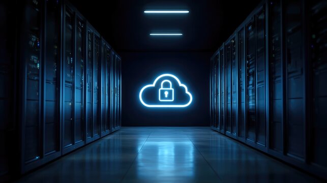 Secure cloud computing environment inside IT data center corridor with locked cloud symbol and server racks, perfect for enterprise cybersecurity, data protection, and digital infrastructure - Powered by Adobe