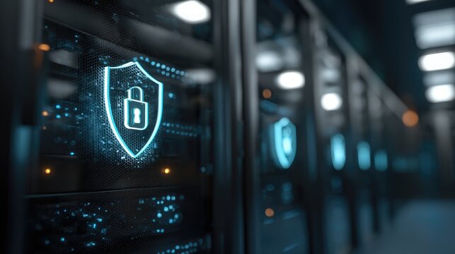 Secure IT data center corridor with glowing cybersecurity shield on server cabinets, perfect for cloud security concepts, enterprise data protection, and modern digital infrastructure - Powered by Adobe