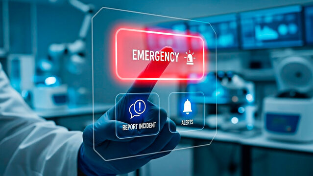A person in a lab coat pressing an emergency button on a futuristic interface