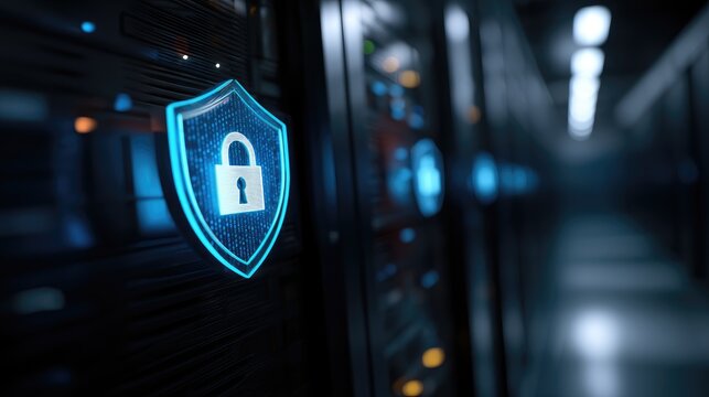 Secure IT data center corridor with glowing cybersecurity shield on server racks, perfect for cloud security concepts, enterprise data protection, and modern digital infrastructure - Powered by Adobe