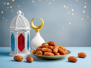 A plate of dates with a lantern and crescent moon decoration symbolizing Ramadan celebration