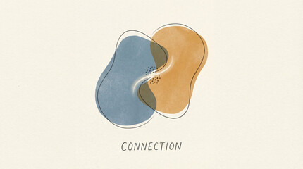 Fototapeta premium Two abstracted shapes, one blue and one ochre, interlock gracefully with a delicate white nexus, embodying a sense of union and interdependence.