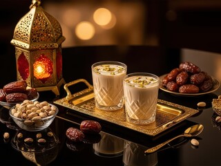 Two glasses of creamy milk topped with pistachio slivers on a decorative tray with dates and nuts