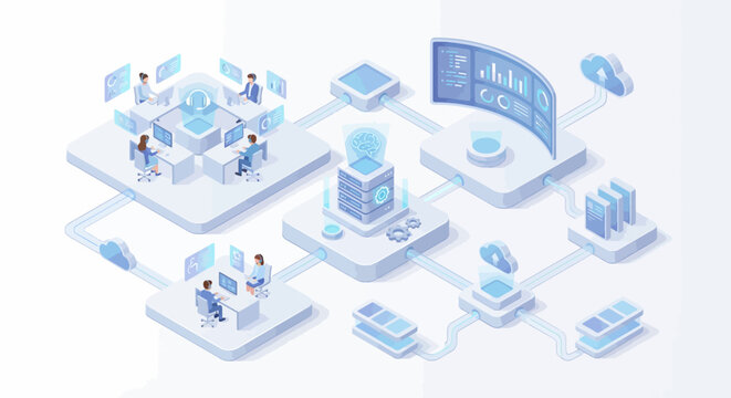 Isometric AI Customer Support and Contact Center Illustration with Data Analytics, Cloud Computing, and Virtual Assistant Technology for Business Automation and Help Desk Services