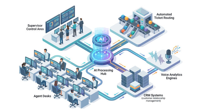 Isometric AI Contact Center and Customer Support Automation Workflow Illustration with Artificial Intelligence Hub, CRM Integration, Voice Analytics, and Automated Ticket Management Systems