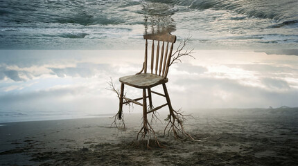A weathered chair grows roots into the sandy shoreline, branches reach upward as the sky and sea blend into an ethereal plane.