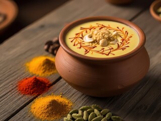 A traditional Indian sweet dish garnished with saffron and dry fruits in an earthen pot