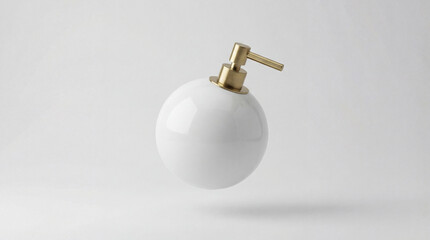 A white spherical dispenser with a golden pump floats gracefully. Its simple elegance brings a touch of minimalist modernism to everyday life.