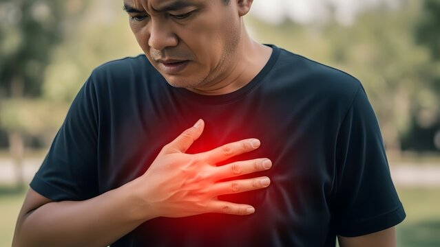 Man suffering from sudden chest pain and heart attack. Cardiovascular health issues and emergency symptoms. Adult male holding his chest with a glowing red pain indicator in a park.