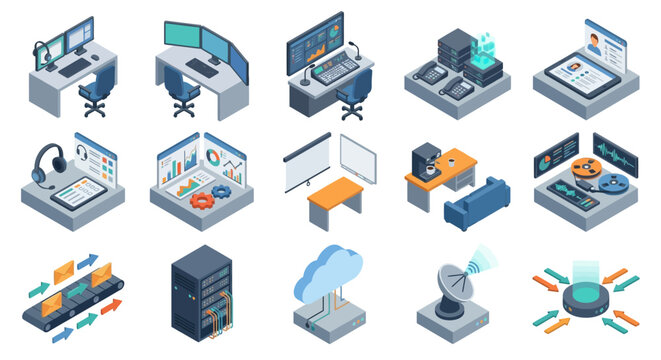 Isometric AI Contact Center and Customer Service Icon Set for Business Infrastructure, Featuring Modern Help Desk Workstations, Cloud Computing, Data Analytics, and Telemarketing Equipment