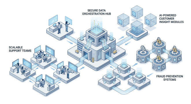 Isometric AI Contact Center Blue Line Art with Secure Data Orchestration Hub, Scalable Support Teams, and Fraud Prevention Systems for Business Technology and Digital Transformation Solutions