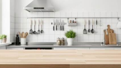 A modern kitchen interior with hanging utensils and a wooden countertop