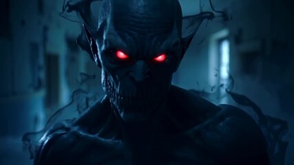 Supernatural entity prowling through ruined medical ward. Muscular demonic figure emerging from dark corridor with glowing red eyes.