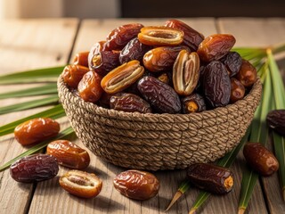 A woven bowl filled with fresh dates placed on a rustic wooden table