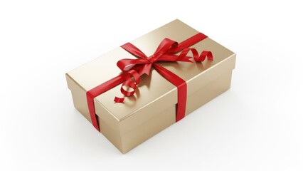 A gold gift box tied with a red ribbon and bow on a clean white background