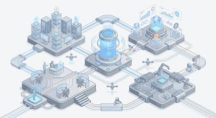 Isometric AI Contact Center and Automated Smart Business Infrastructure with Cloud Servers, Customer Support, and Global Data Analytics for Digital Transformation and Enterprise Efficiency