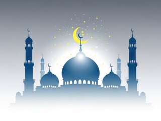 An elegant mosque silhouette with domes and minarets under a crescent moon and starry sky