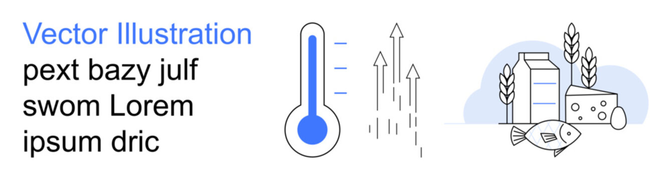 Food safety, temperature control, agriculture, dairy production, sustainable farming, perishable goods. A thermometer with arrows rising and food items thumbs up milk, cheese and fish. Food safety