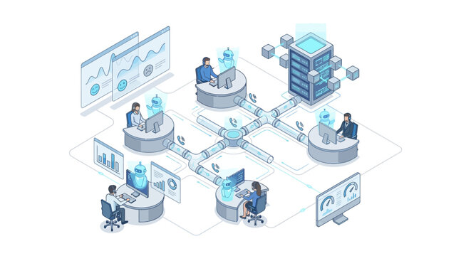 Isometric AI Contact Center Illustration with Human Agents and Chatbots, Customer Service Automation Network and Data Analytics Dashboards for Business Technology Solutions
