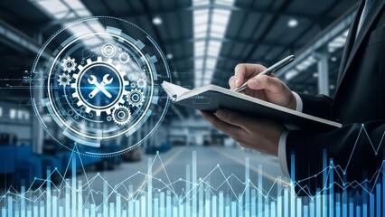 Businessman writes on a notepad with a digital overlay of gears and graphs, showcasing industrial optimization.