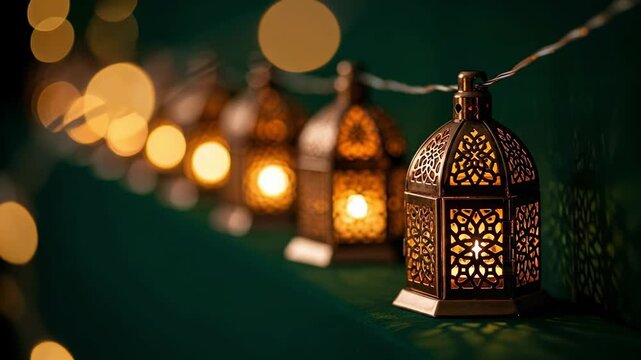 A Row of Ornate Moroccan Lanterns Glimmering with Warm Light Against a Dark Green Background, Creating a Cozy and Inviting Atmosphere