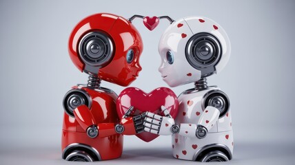 Two robots sharing a symbolic heart in a touching moment
