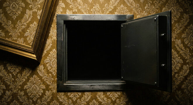 Open Empty Wall Safe Hidden Behind Gold Picture Frame