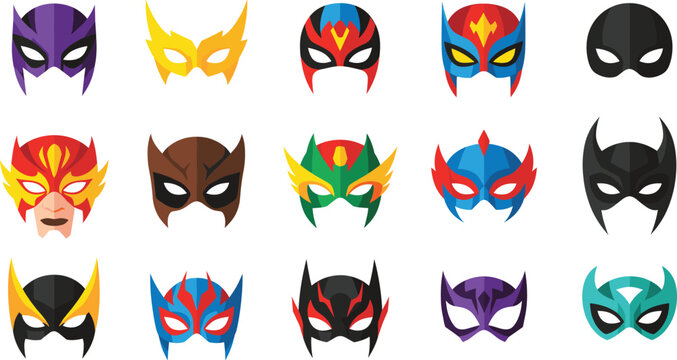 Colorful superhero mask icon collection featuring diverse comic-style face disguises for hero characters, games, branding, and fantasy design projects