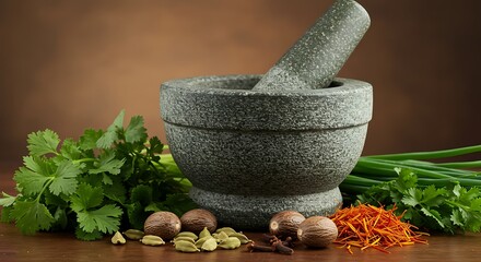 Ancient Stone Mortar and Pestle with Fresh Herbs and Spices, Rustic Apothecary Still Life.
