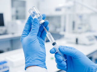 Pharmacist hands filling syringe from glass vial first aid medical preparation healthcare professional blue nitrile gloves clinic procedure background copy space medicine dose