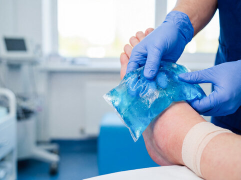 Nurse hands applying cold ice pack to bruise first aid injury treatment healthcare professional blue nitrile gloves clinic procedure background copy space swelling relief