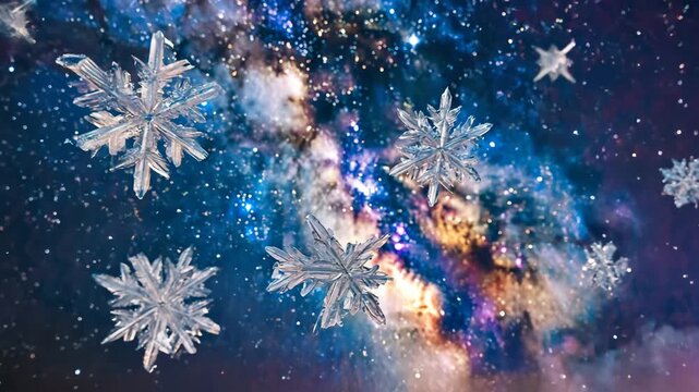 Snowflakes descend slowly with graceful rotation The camera remains locked Background blur remains consistent Cinematic realism 4K