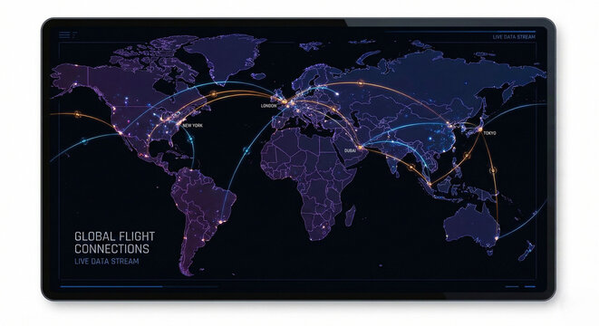 Digital Global Flight Connections Map on Tablet Screen