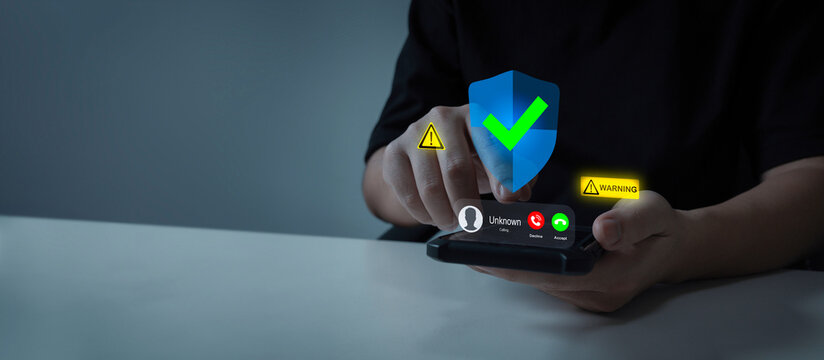customer people holding mobile phone receiving incoming call from scammer with warning sign, call center gang, hacker, cybersecurity, telecommunication, fraud or phishing with smartphone concept