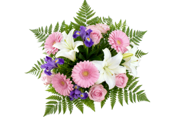 Star-shaped floral arrangement with lilies, gerberas, and roses