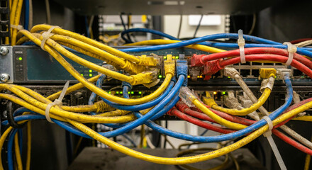 Messy Tangled Network Cables in Server Room Rack