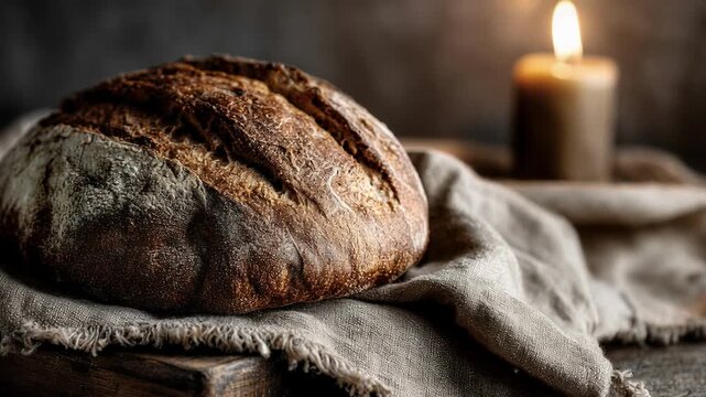 Freshly baked rustic round sourdough bread loaf on linen napkin with blurred burning candle in background cozy atmosphere close-up food photography