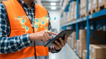 Diligent warehouse worker wearing a safety vest is using a tablet with a global logistics map and pin locations.